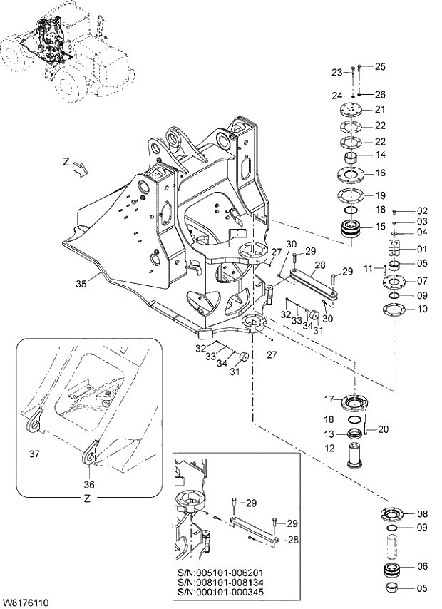 Схема запчастей Hitachi ZW310 - 001 FRONT FRAME. 03 CHASSIS