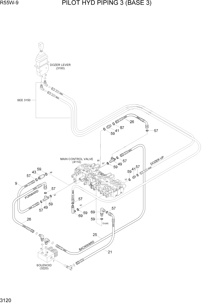 Схема запчастей Hyundai R55W-9 - PAGE 3120 PILOT HYD PIPING 3 (BASE 3) ГИДРАВЛИЧЕСКАЯ СИСТЕМА