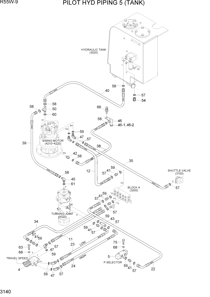 Схема запчастей Hyundai R55W-9 - PAGE 3140 PILOT HYD PIPING 5 (TANK) ГИДРАВЛИЧЕСКАЯ СИСТЕМА