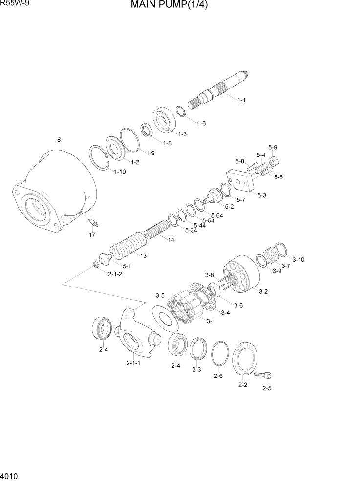 Схема запчастей Hyundai R55W-9 - PAGE 4010 MAIN PUMP(1/4) ГИДРАВЛИЧЕСКИЕ КОМПОНЕНТЫ