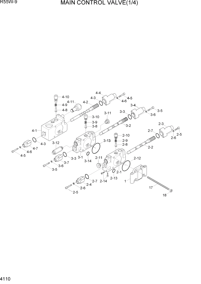Схема запчастей Hyundai R55W-9 - PAGE 4110 MAIN CONTROL VALVE(1/4) ГИДРАВЛИЧЕСКИЕ КОМПОНЕНТЫ
