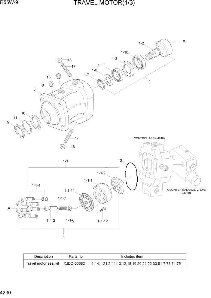 Схема запчастей Hyundai R55W-9 - PAGE 4230 TRAVEL MOTOR(1/3) ГИДРАВЛИЧЕСКИЕ КОМПОНЕНТЫ