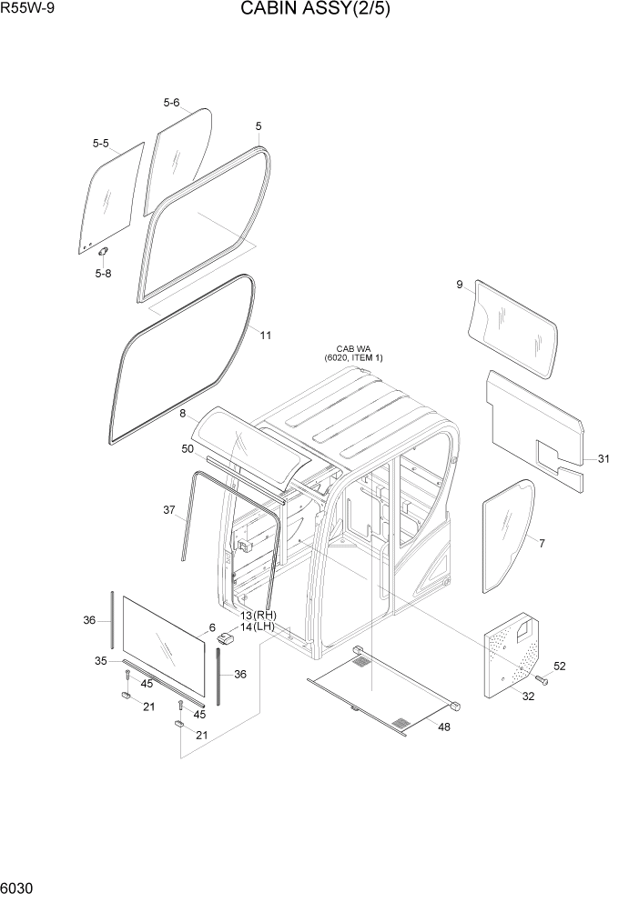 Схема запчастей Hyundai R55W-9 - PAGE 6030 CABIN ASSY(2/5) СТРУКТУРА