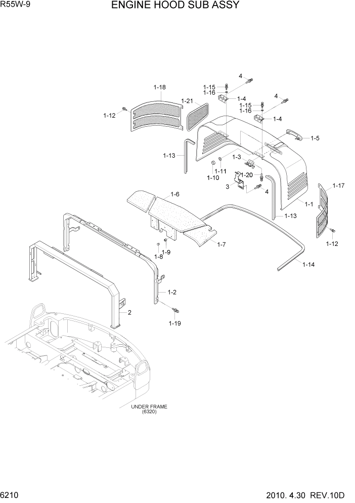 Схема запчастей Hyundai R55W-9 - PAGE 6210 ENGINE HOOD SUB ASSY СТРУКТУРА