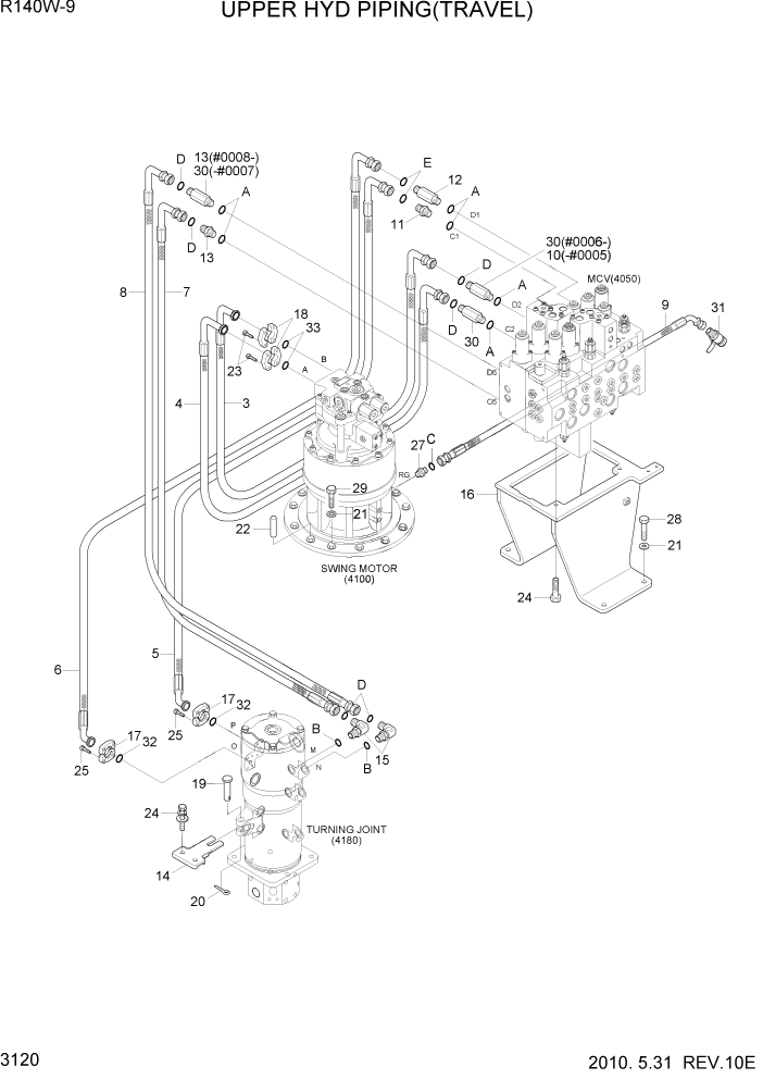 Схема запчастей Hyundai R140W9 - PAGE 3120 UPPER HYD PIPING(TRAVEL) ГИДРАВЛИЧЕСКАЯ СИСТЕМА