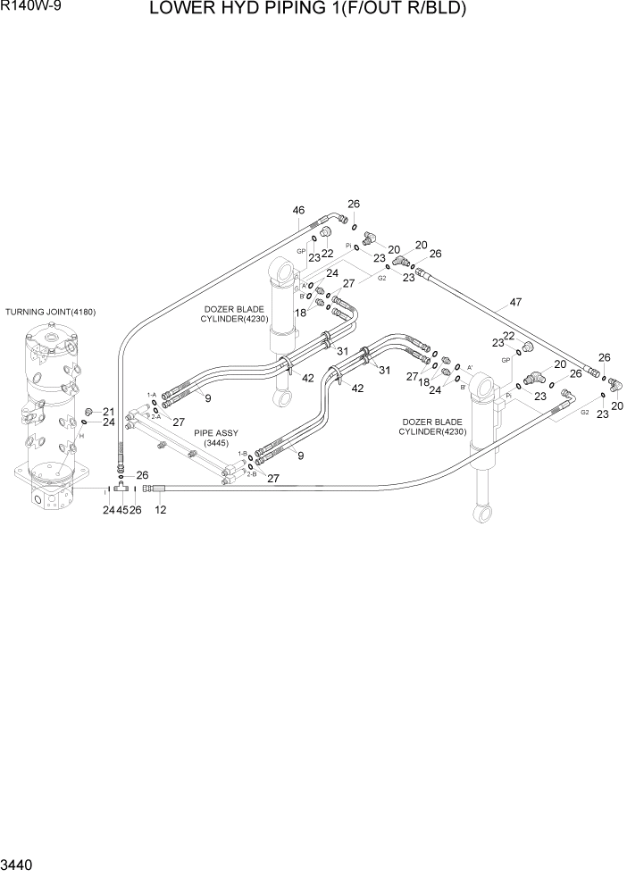 Схема запчастей Hyundai R140W9 - PAGE 3440 LOWER HYD PIPING 1(F/OUT R/BLD) ГИДРАВЛИЧЕСКАЯ СИСТЕМА