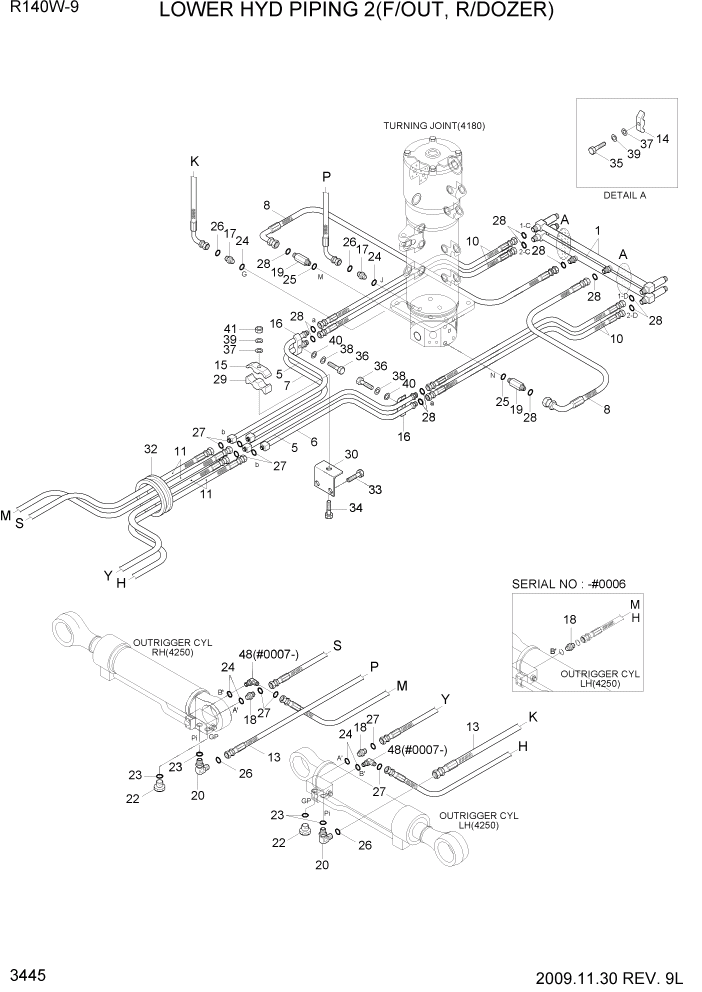 Схема запчастей Hyundai R140W9 - PAGE 3445 LOWER HYD PIPING 2(F/OUT, R/DOZER) ГИДРАВЛИЧЕСКАЯ СИСТЕМА