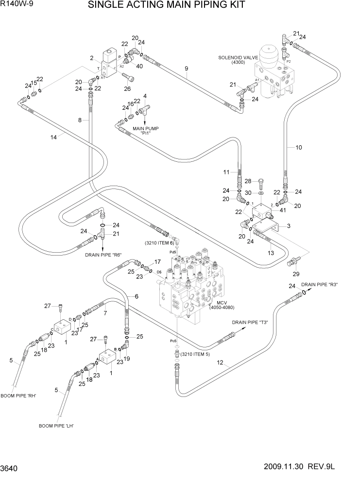 Схема запчастей Hyundai R140W9 - PAGE 3640 SINGLE ACTING MAIN PIPING KIT ГИДРАВЛИЧЕСКАЯ СИСТЕМА