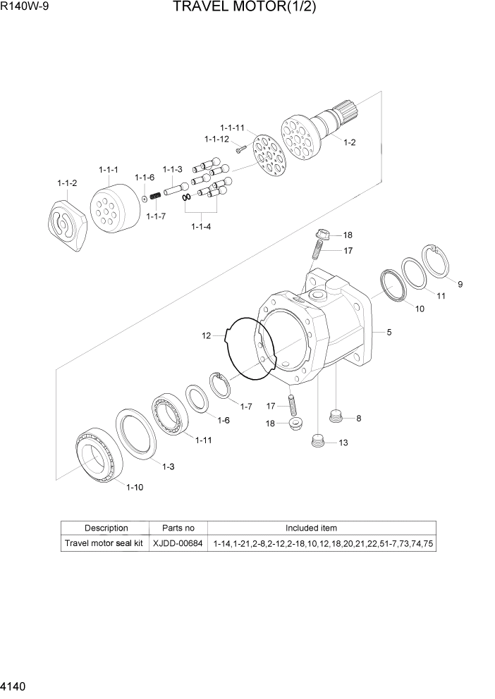 Схема запчастей Hyundai R140W9 - PAGE 4140 TRAVEL MOTOR(1/2) ГИДРАВЛИЧЕСКИЕ КОМПОНЕНТЫ