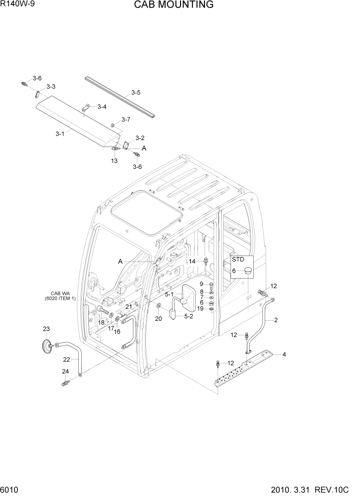 Схема запчастей Hyundai R140W9 - PAGE 6010 CAB MOUNTING СТРУКТУРА