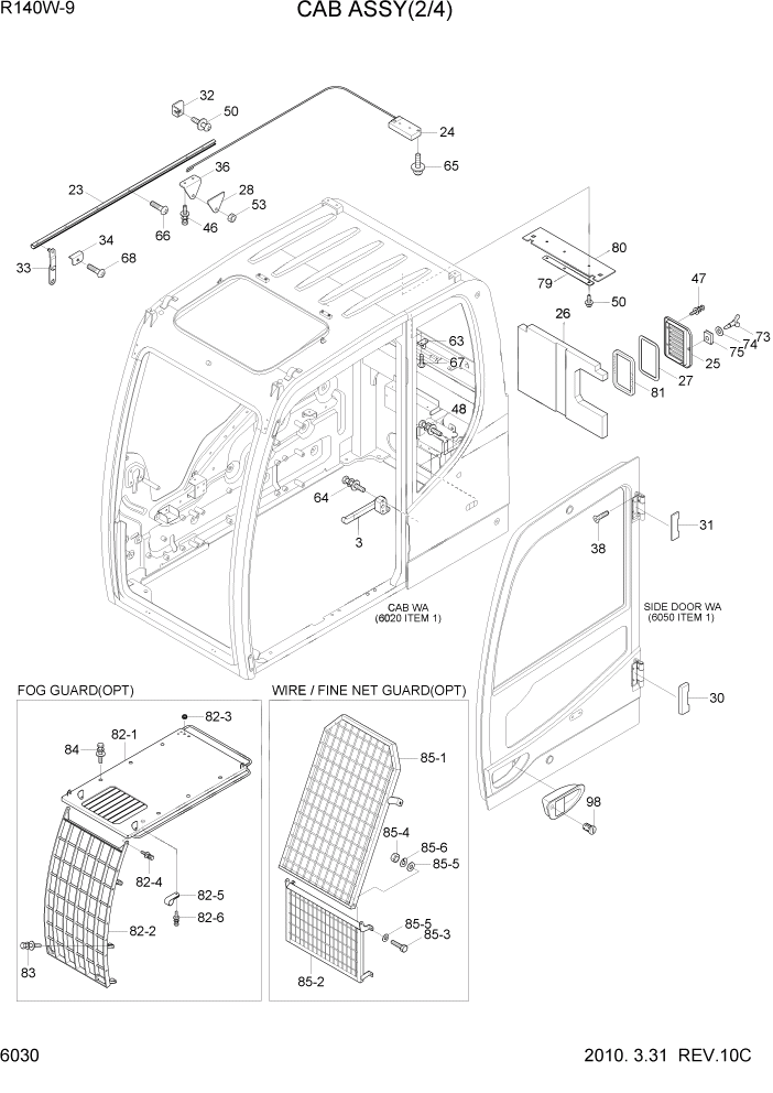 Схема запчастей Hyundai R140W9 - PAGE 6030 CAB ASSY(2/4) СТРУКТУРА