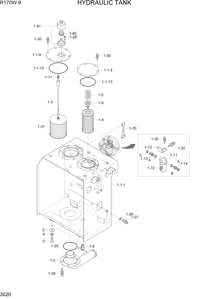 Схема запчастей Hyundai R170W9 - PAGE 3020 HYDRAULIC TANK ГИДРАВЛИЧЕСКАЯ СИСТЕМА