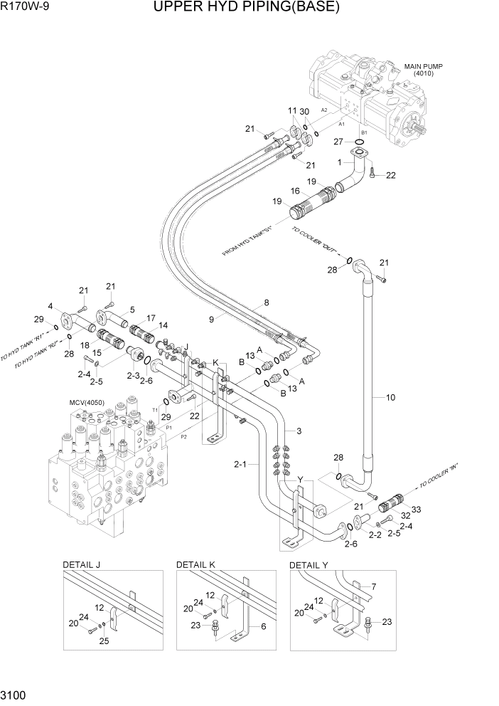 Схема запчастей Hyundai R170W9 - PAGE 3100 UPPER HYD PIPING(BASE) ГИДРАВЛИЧЕСКАЯ СИСТЕМА