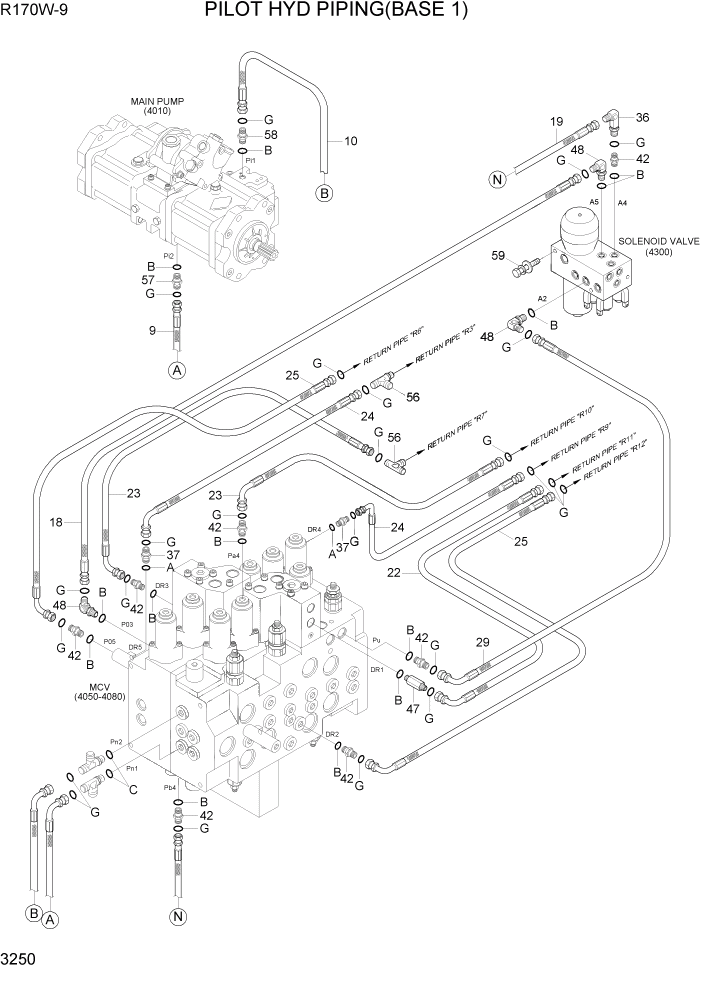 Схема запчастей Hyundai R170W9 - PAGE 3250 PILOT HYD PIPING(BASE 1) ГИДРАВЛИЧЕСКАЯ СИСТЕМА