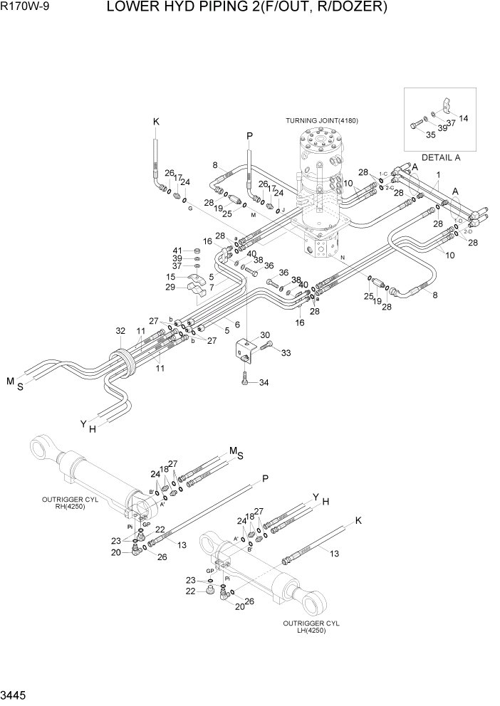 Схема запчастей Hyundai R170W9 - PAGE 3445 LOWER HYD PIPING 2(F/OUT, R/DOZER) ГИДРАВЛИЧЕСКАЯ СИСТЕМА