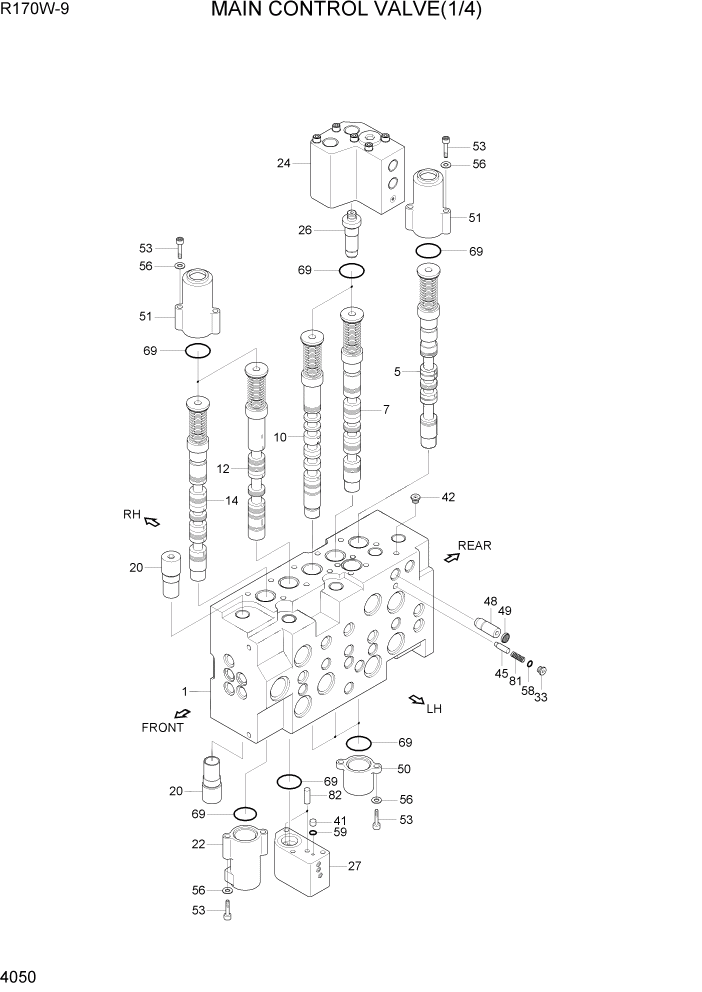 Схема запчастей Hyundai R170W9 - PAGE 4050 MAIN CONTROL VALVE(1/4) ГИДРАВЛИЧЕСКИЕ КОМПОНЕНТЫ