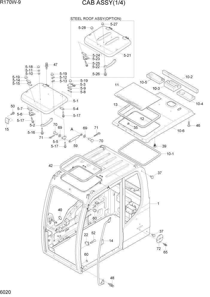 Схема запчастей Hyundai R170W9 - PAGE 6020 CAB ASSY(1/4) СТРУКТУРА