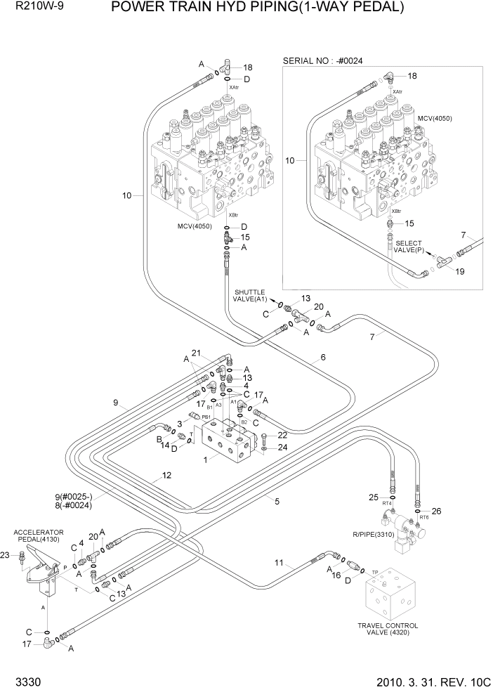 Схема запчастей Hyundai R210W-9 - PAGE 3330 POWER TRAIN HYD PIPING(1-WAY PEDAL) ГИДРАВЛИЧЕСКАЯ СИСТЕМА