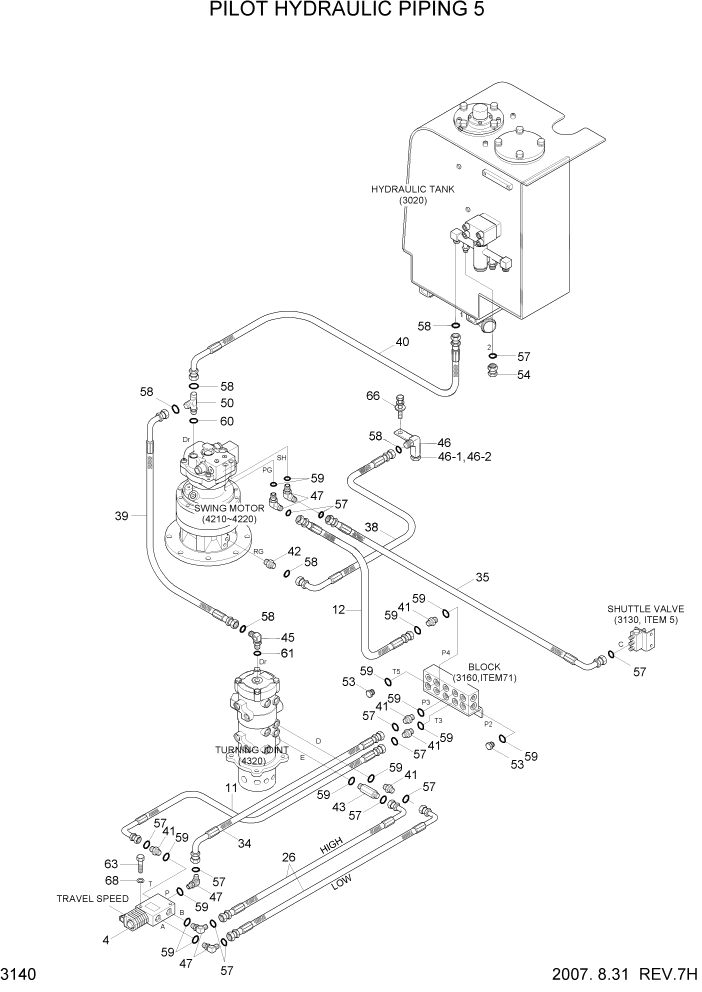 Схема запчастей Hyundai R55W7 - PAGE 3140 PILOT HYDRAULIC PIPING 5 ГИДРАВЛИЧЕСКАЯ СИСТЕМА