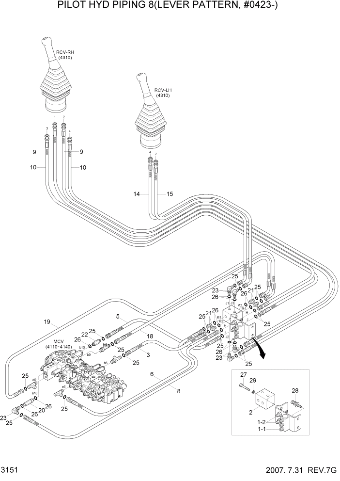 Схема запчастей Hyundai R55W7 - PAGE 3151 PILOT HYD PIPING 8(LEVER PATTERN,#0423-) ГИДРАВЛИЧЕСКАЯ СИСТЕМА