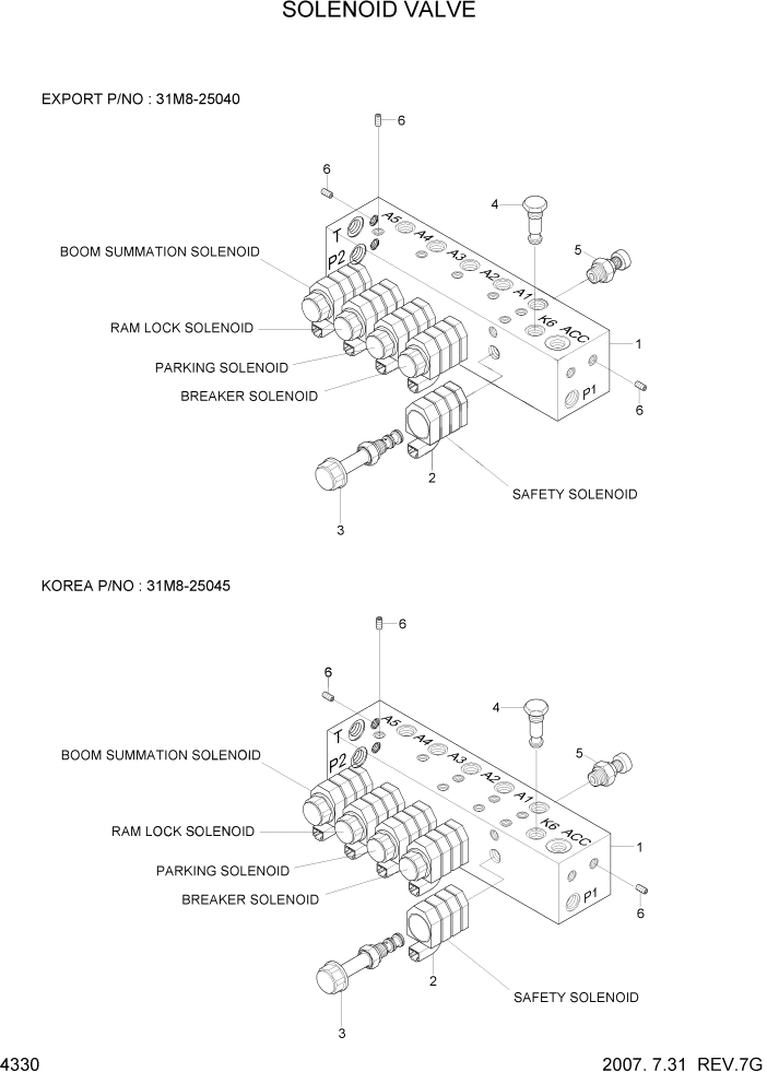 Схема запчастей Hyundai R55W7 - PAGE 4330 SOLENOID VALVE ГИДРАВЛИЧЕСКИЕ КОМПОНЕНТЫ
