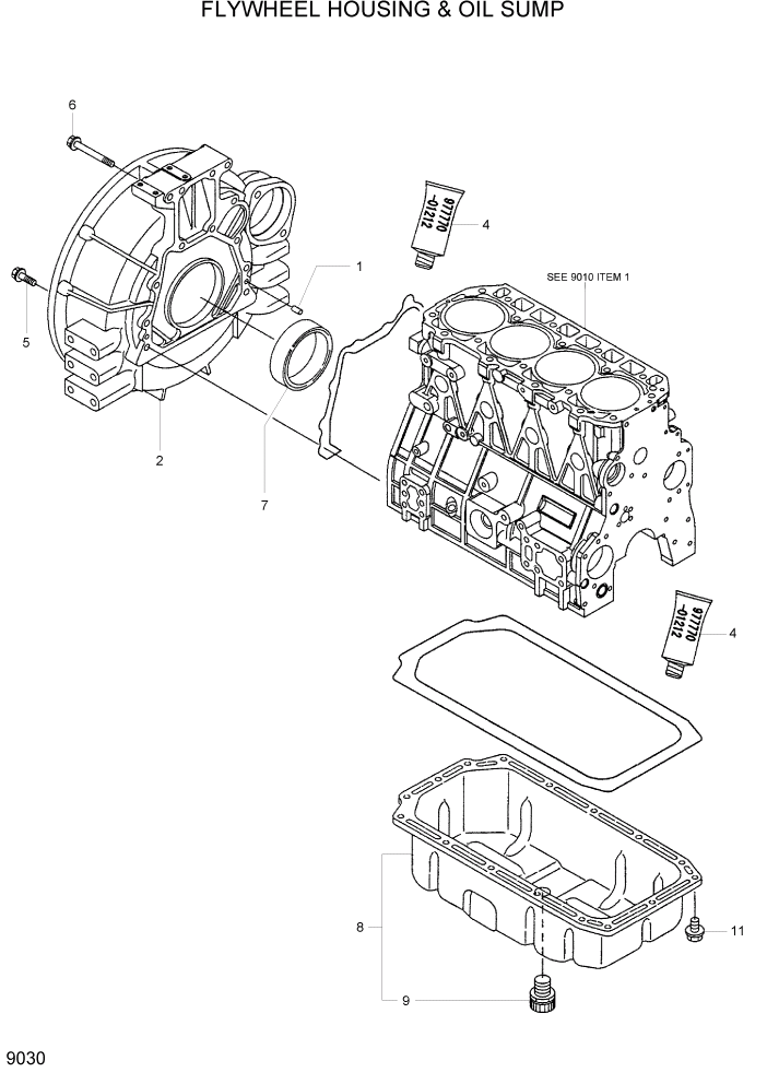 Схема запчастей Hyundai R55W7 - PAGE 9030 FLYWHEEL HOUSING & OIL SUMP ДВИГАТЕЛЬ БАЗА