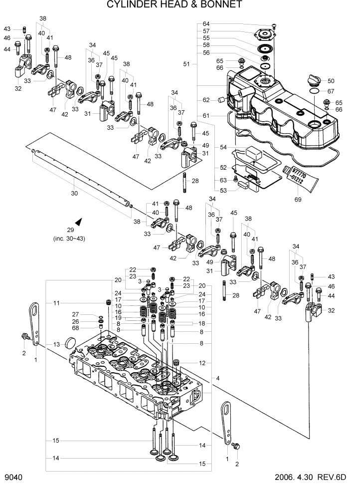 Схема запчастей Hyundai R55W7 - PAGE 9040 CYLINDER HEAD & BONNET ДВИГАТЕЛЬ БАЗА