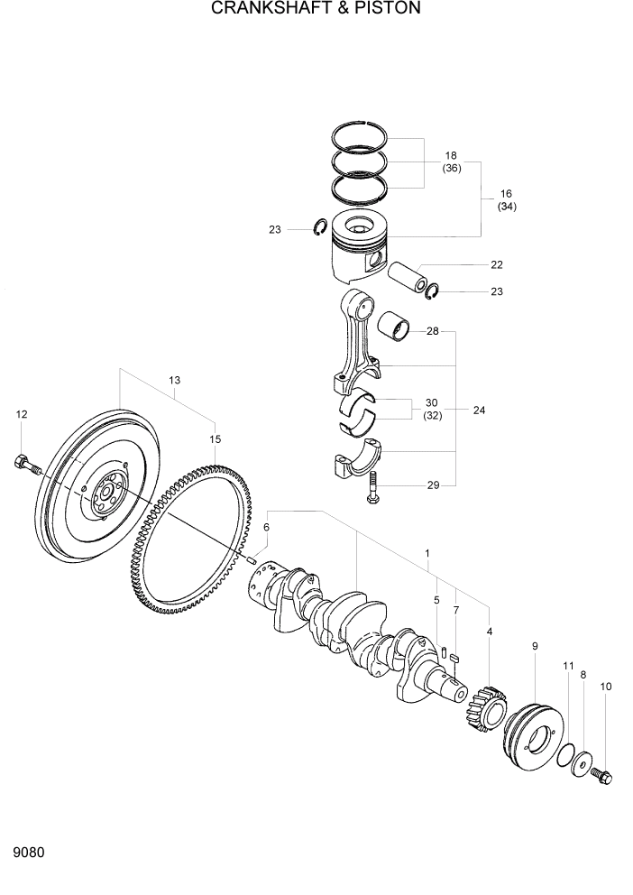 Схема запчастей Hyundai R55W7 - PAGE 9080 CRANKSHAFT & PISTON ДВИГАТЕЛЬ БАЗА