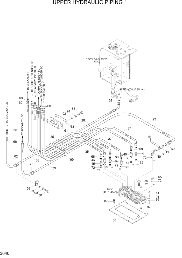 Схема запчастей Hyundai R55W7A - PAGE 3040 UPPER HYDRAULIC PIPING 1 ГИДРАВЛИЧЕСКАЯ СИСТЕМА