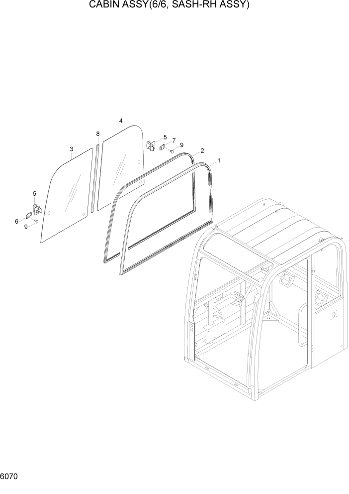 Схема запчастей Hyundai R55W7A - PAGE 6070 CABIN ASSY(6/6, SASH-RH ASSY) СТРУКТУРА