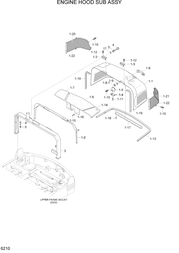 Схема запчастей Hyundai R55W7A - PAGE 6210 ENGINE HOOD SUB ASSY СТРУКТУРА