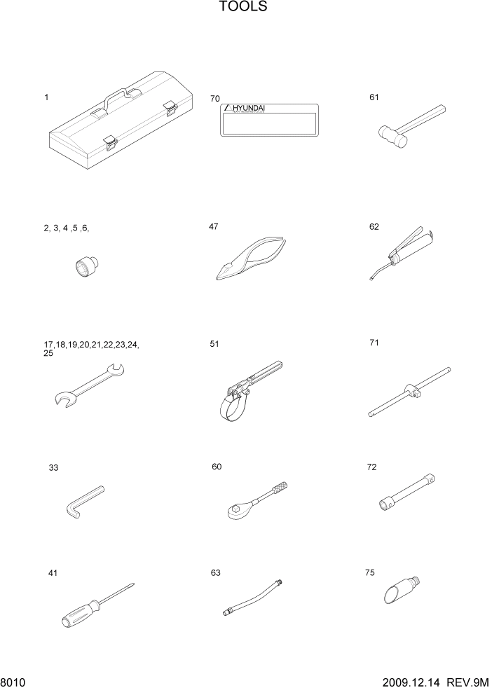 Схема запчастей Hyundai R55W7A - PAGE 8010 TOOLS ДРУГИЕ ЧАСТИ
