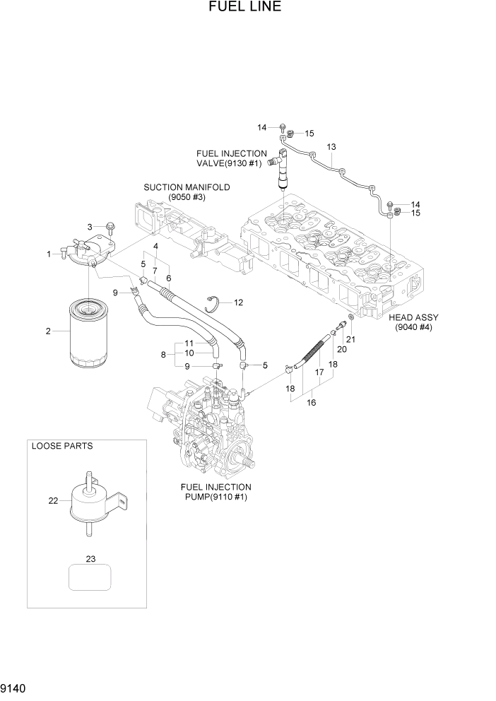 Схема запчастей Hyundai R55W7A - PAGE 9140 FUEL LINE ДВИГАТЕЛЬ БАЗА