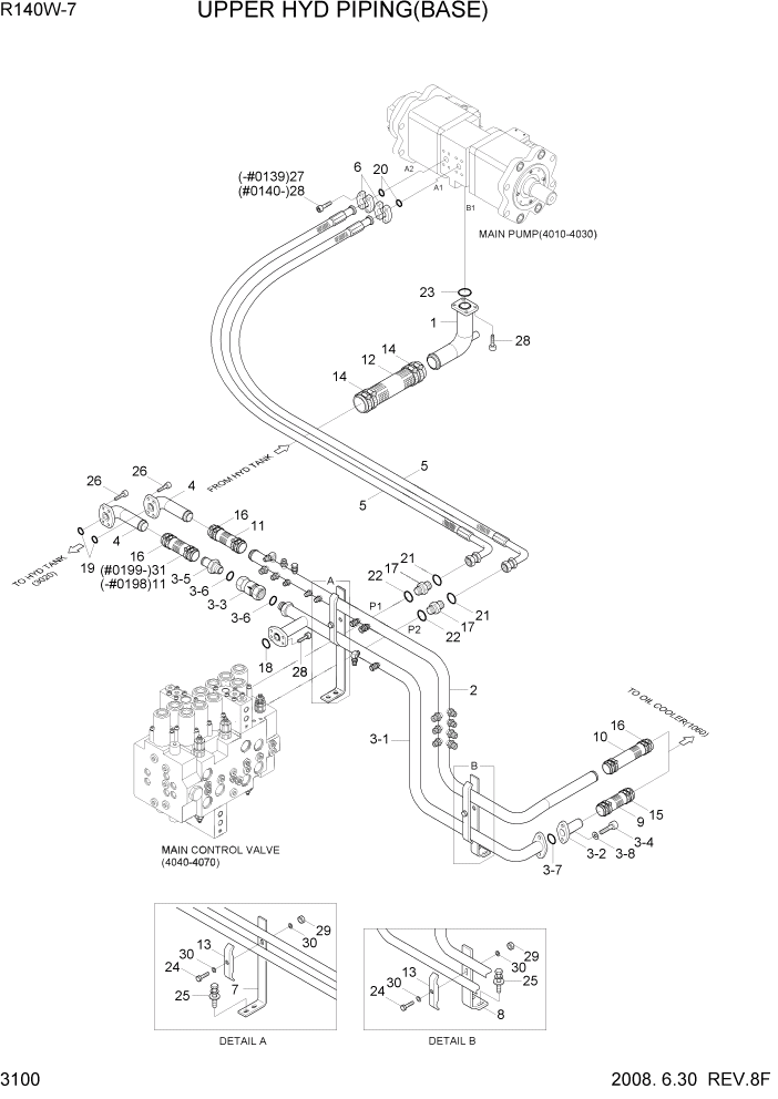 Схема запчастей Hyundai R140W7 - PAGE 3100 UPPER HYD PIPING(BASE) ГИДРАВЛИЧЕСКАЯ СИСТЕМА