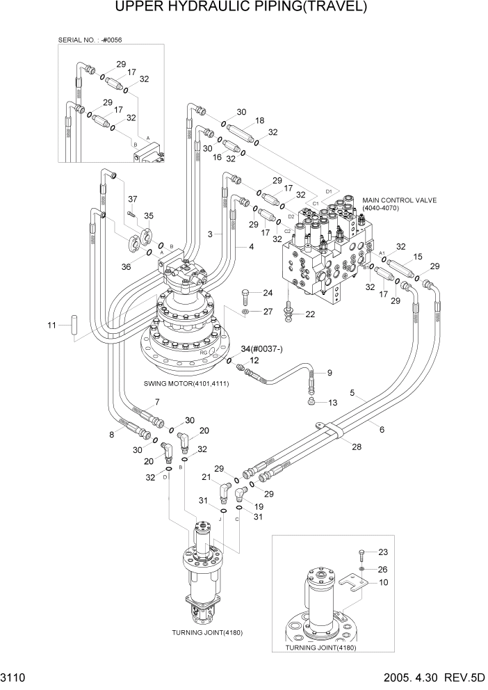 Схема запчастей Hyundai R140W7 - PAGE 3110 UPPER HYD PIPING(TRAVEL) ГИДРАВЛИЧЕСКАЯ СИСТЕМА