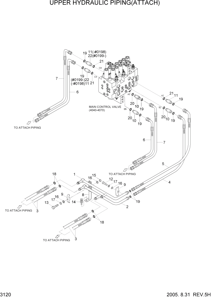 Схема запчастей Hyundai R140W7 - PAGE 3120 UPPER HYD PIPING(ATTACH) ГИДРАВЛИЧЕСКАЯ СИСТЕМА