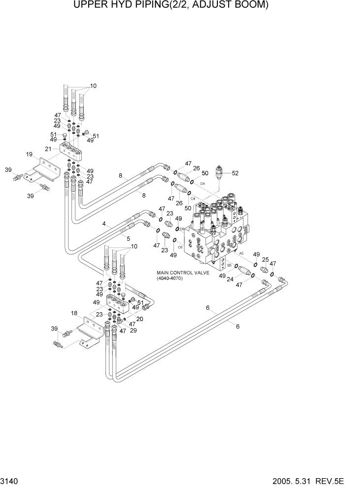 Схема запчастей Hyundai R140W7 - PAGE 3140 UPPER HYD PIPING (2/2, ADJUST BOOM) ГИДРАВЛИЧЕСКАЯ СИСТЕМА