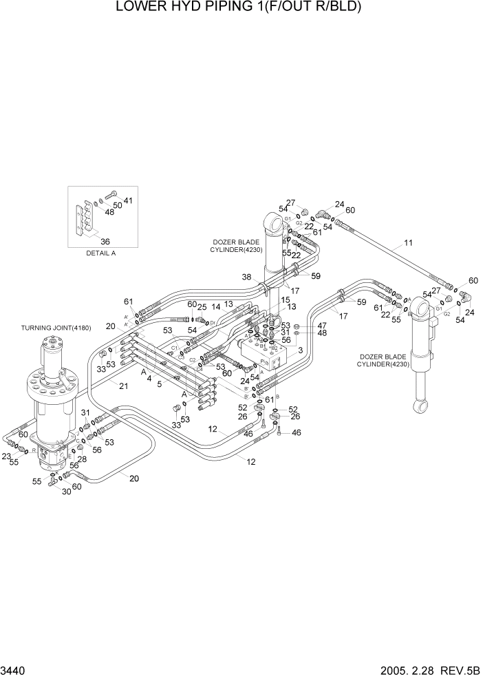Схема запчастей Hyundai R140W7 - PAGE 3440 LOWER HYD PIPING 1(F/OUT R/BLD) ГИДРАВЛИЧЕСКАЯ СИСТЕМА