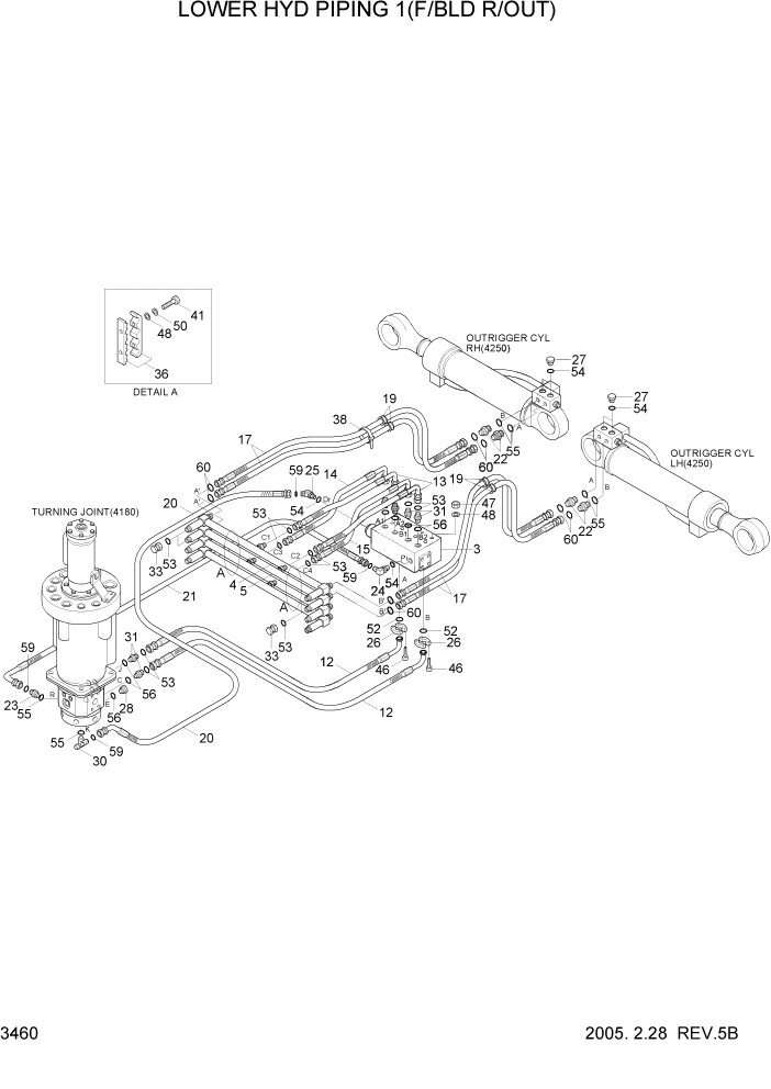 Схема запчастей Hyundai R140W7 - PAGE 3460 LOWER HYD PIPING 1(F/BLD R/OUT) ГИДРАВЛИЧЕСКАЯ СИСТЕМА