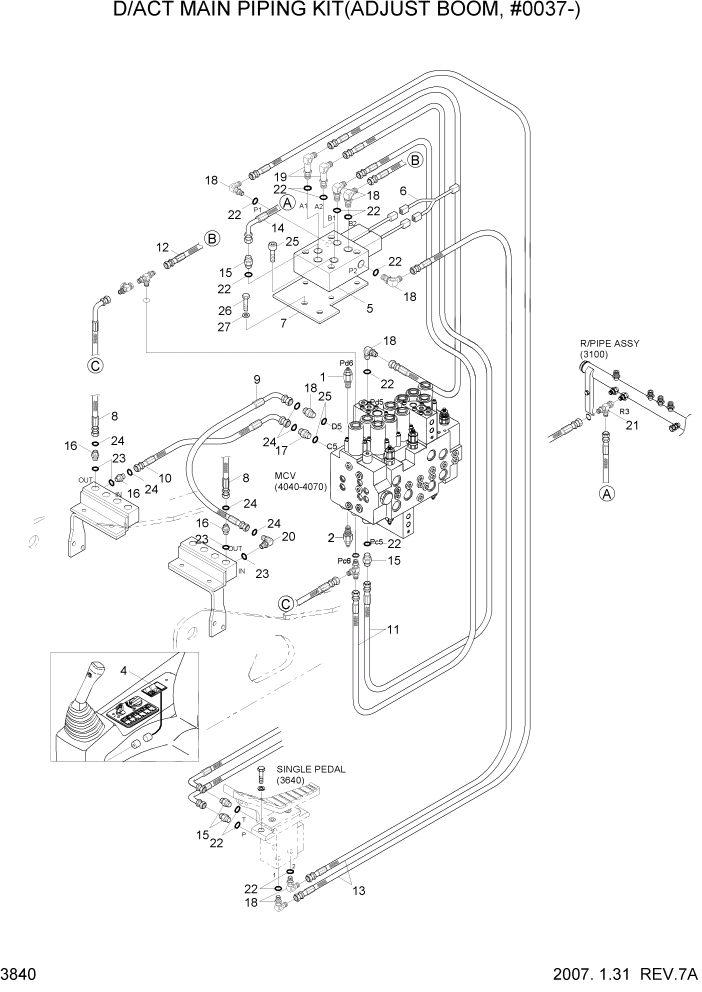 Схема запчастей Hyundai R140W7 - PAGE 3840 D/ACT MAIN PIPING KIT(ADJUST BM,#0037-) ГИДРАВЛИЧЕСКАЯ СИСТЕМА