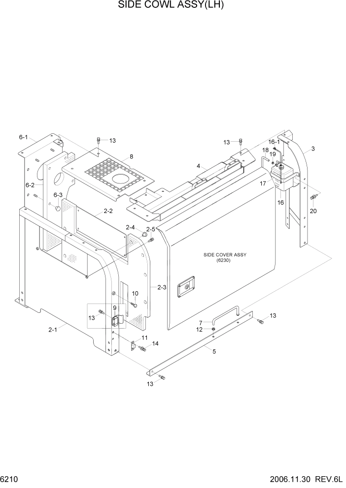 Схема запчастей Hyundai R140W7 - PAGE 6210 SIDE COWL ASSY(LH) СТРУКТУРА