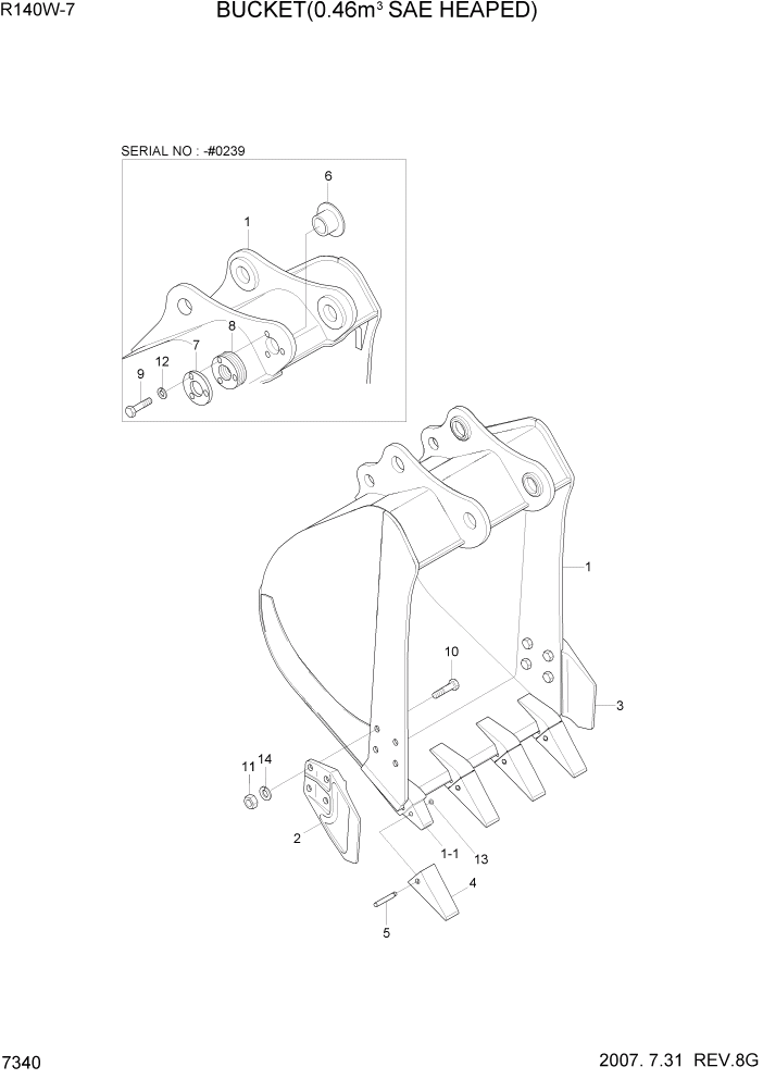 Схема запчастей Hyundai R140W7 - PAGE 7340 BUCKET(0.46M3 SAE HEAPED) РАБОЧЕЕ ОБОРУДОВАНИЕ