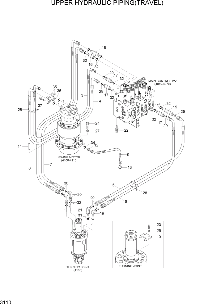 Схема запчастей Hyundai R140W7A - PAGE 3110 UPPER HYD PIPING(TRAVEL) ГИДРАВЛИЧЕСКАЯ СИСТЕМА