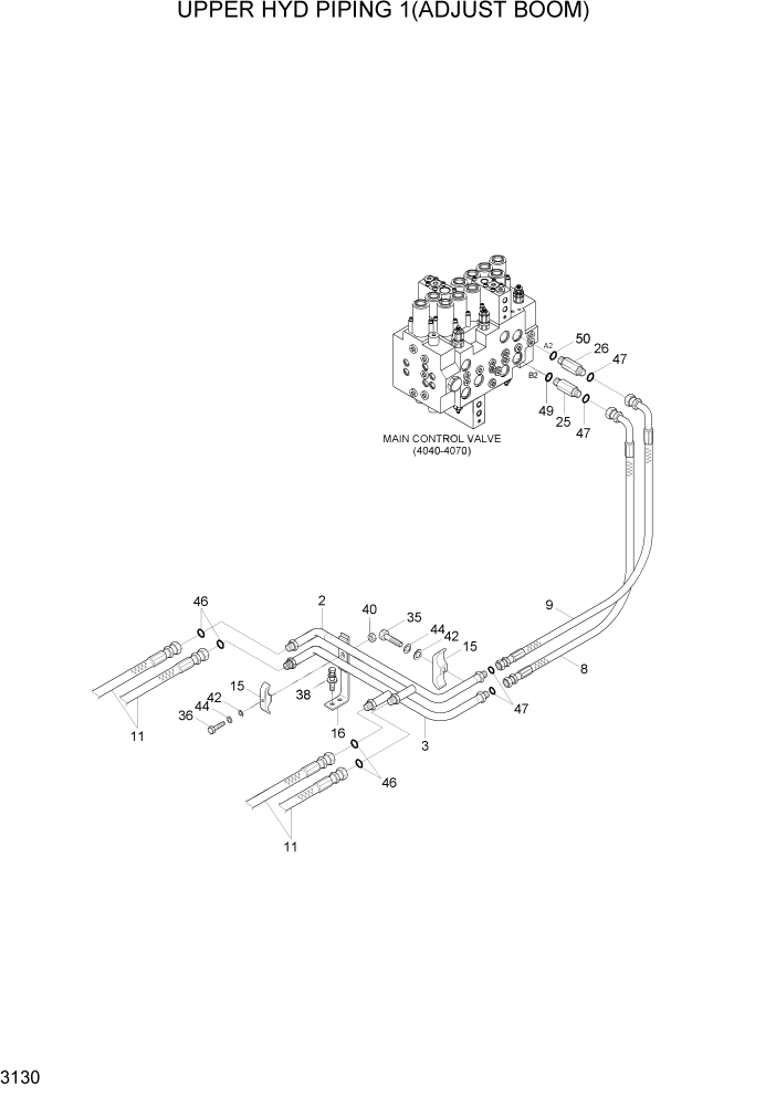 Схема запчастей Hyundai R140W7A - PAGE 3130 UPPER HYD PIPING 1(ADJUST BOOM) ГИДРАВЛИЧЕСКАЯ СИСТЕМА