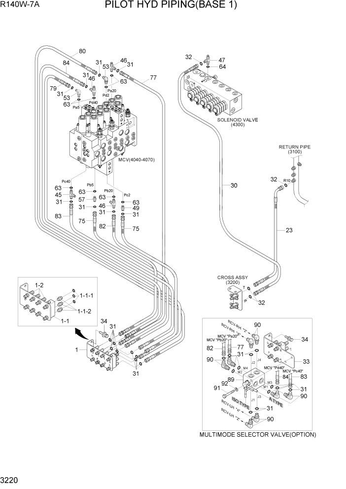 Схема запчастей Hyundai R140W7A - PAGE 3220 PILOT HYD PIPING(BASE 1) ГИДРАВЛИЧЕСКАЯ СИСТЕМА