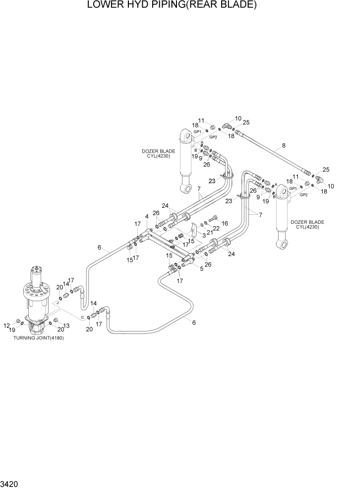 Схема запчастей Hyundai R140W7A - PAGE 3420 LOWER HYD PIPING(REAR BLADE) ГИДРАВЛИЧЕСКАЯ СИСТЕМА