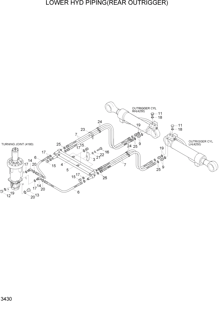 Схема запчастей Hyundai R140W7A - PAGE 3430 LOWER HYD PIPING(REAR OUTRIGGER) ГИДРАВЛИЧЕСКАЯ СИСТЕМА