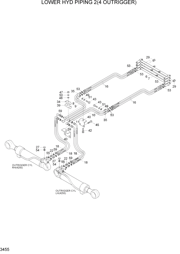 Схема запчастей Hyundai R140W7A - PAGE 3455 LOWER HYD PIPING 2(4 OUTRIGGER) ГИДРАВЛИЧЕСКАЯ СИСТЕМА