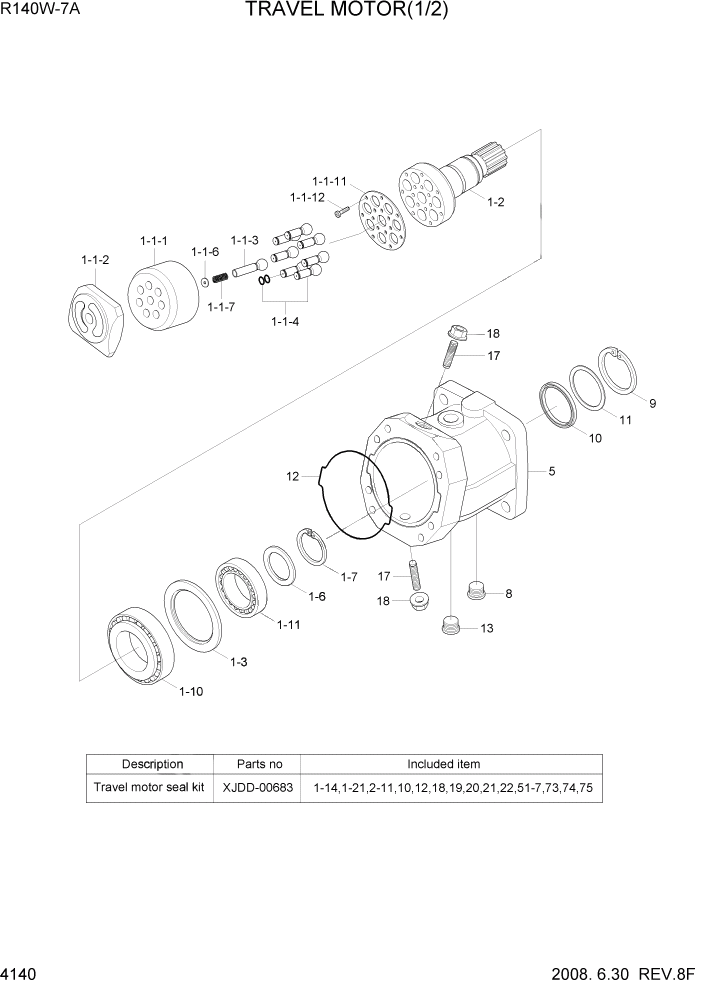 Схема запчастей Hyundai R140W7A - PAGE 4140 TRAVEL MOTOR(1/2) ГИДРАВЛИЧЕСКИЕ КОМПОНЕНТЫ