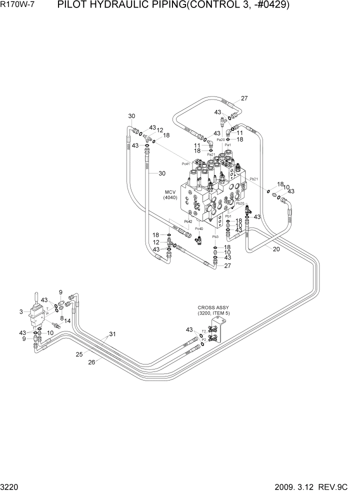 Схема запчастей Hyundai R170W7 - PAGE 3220 PILOT HYD PIPING(CONTROL 3, -#0429) ГИДРАВЛИЧЕСКАЯ СИСТЕМА